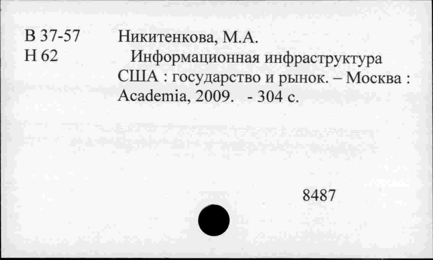 ﻿В 37-57 Никитенкова, М.А.
Н 62	Информационная инфраструктура
США : государство и рынок. - Москва : Academia, 2009. - 304 с.
8487